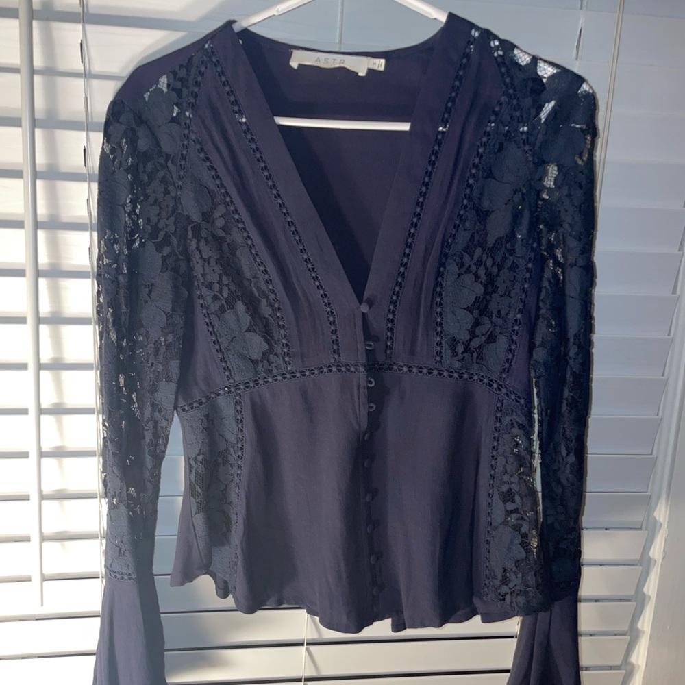 Navy long sleeve ASTR top with lace detail. Size S